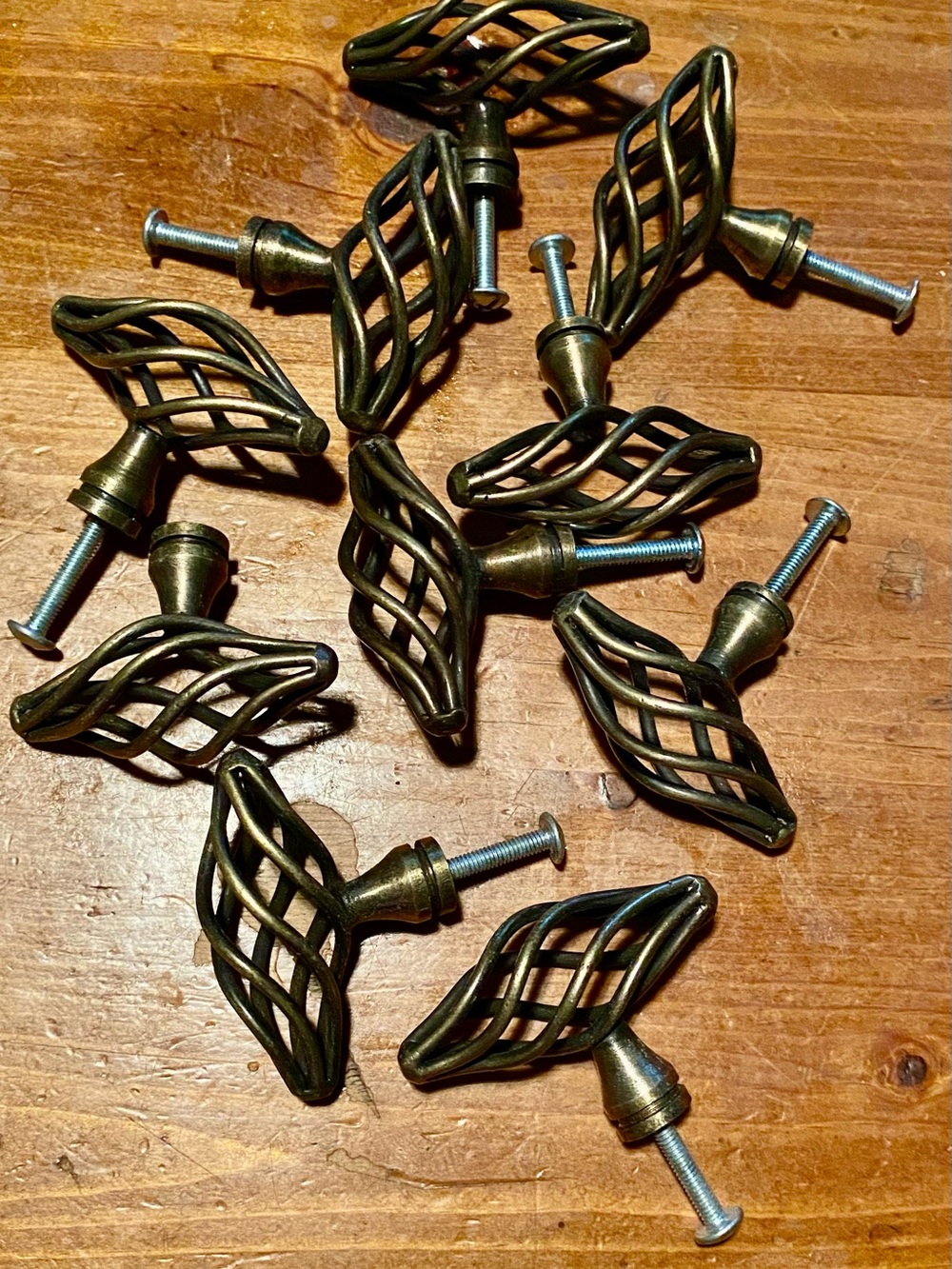 Antique Brass Twist Cage Drawer Pulls - Set of 10